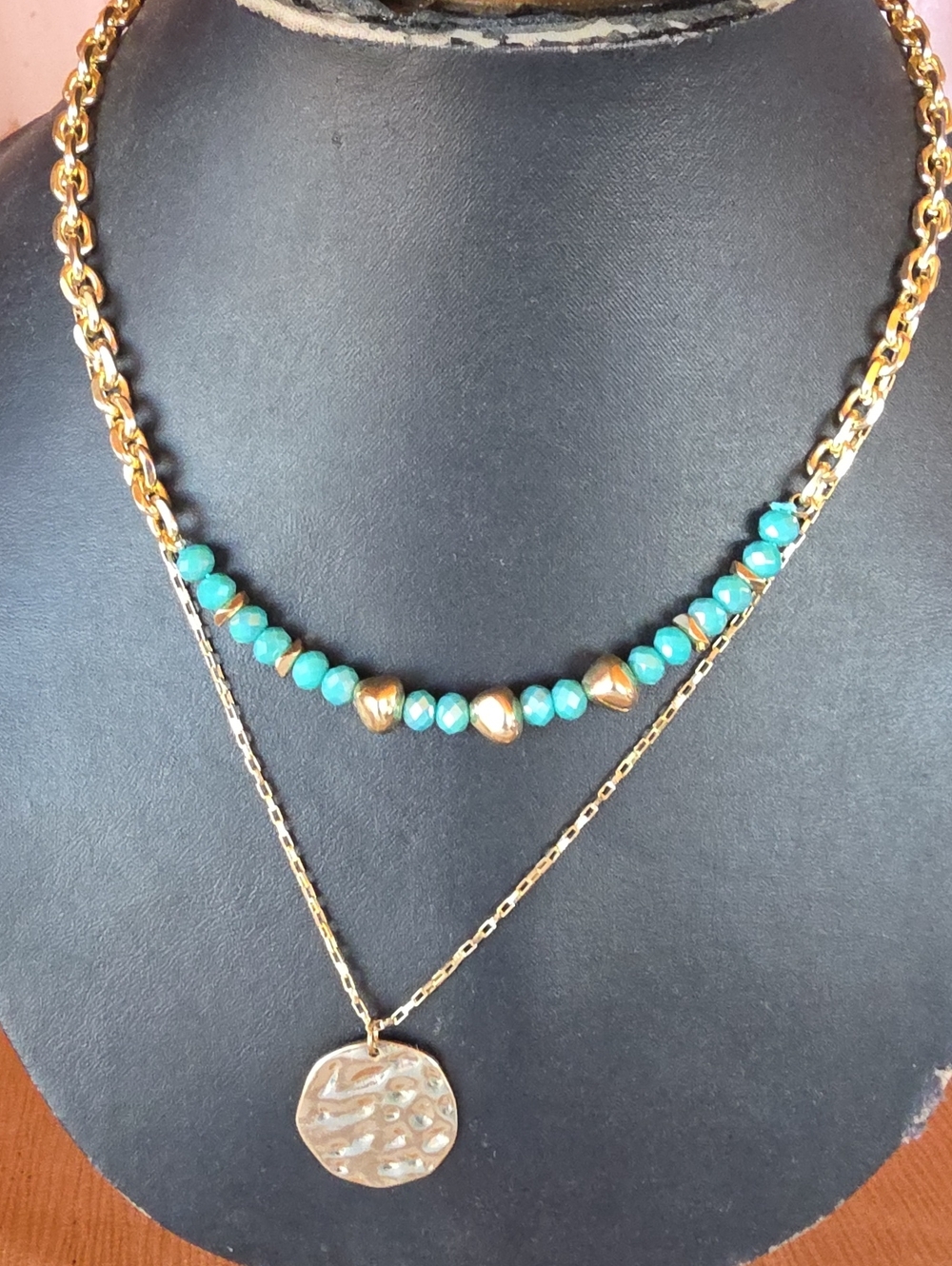Gold Layered Pendant Time N Tru Necklace with Turquoise Like Beads